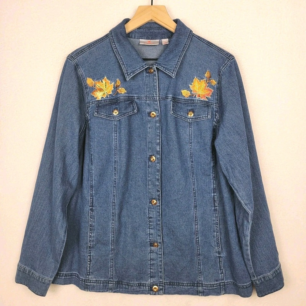 Quacker Factory Lightweight Denim Jacket Women's L Leaf Embroidery Sparkle